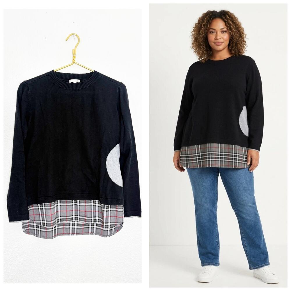 Lisa Todd Women's Size Small Layered Look Sweater Cotton Cashmere Blend Plaid